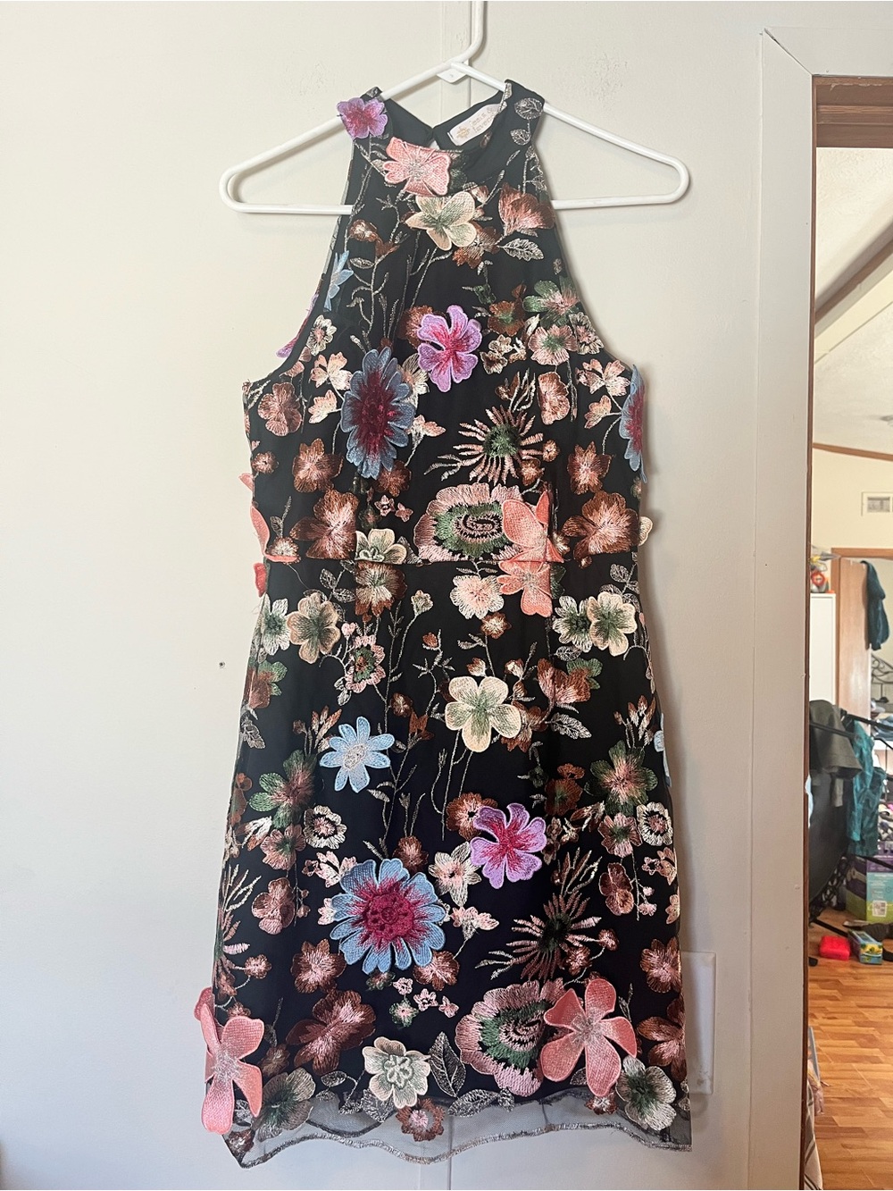 Women’s Black 3D Floral Embroidered Halter Dress Leela & Lavender